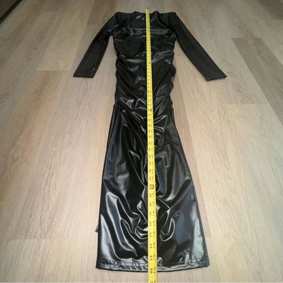 Black Faux Leather Mock Neck Long Sleeve Long Dress with Ruching & Slit - Large - Picture 5 of 7